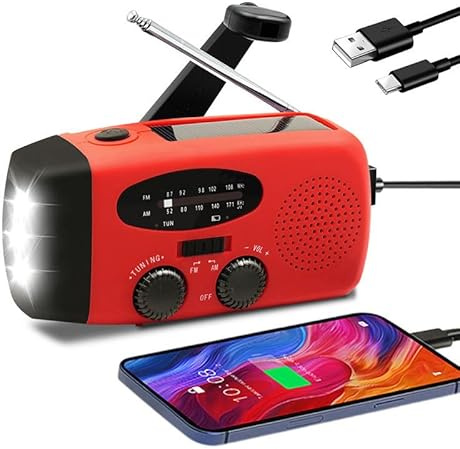 Radio Solar de Emergencia con Palanca – Linterna con 3 potentes Luces LED, Alarma SOS, Carga: USB, Manivela y Energía Solar | Am/FM | Batería Recargable de 2000 mAh | Sin Pilas (Rojo)