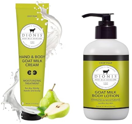 Dionis Goat Milk Crisp Pear Hand & Body Cream and Body Lotion Limited Edition Gift Bundle (Pack of 2)