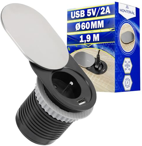 Presa a Scomparsa Top Cucina Tipo Francese - Presa da Incasso per Mobili con USB 5V/2A e Copertura - per Foro Ø 60 mm - con Cavo di Alimentazione da 1,9 m - Garanzia di 10 Anni - MONTERAL