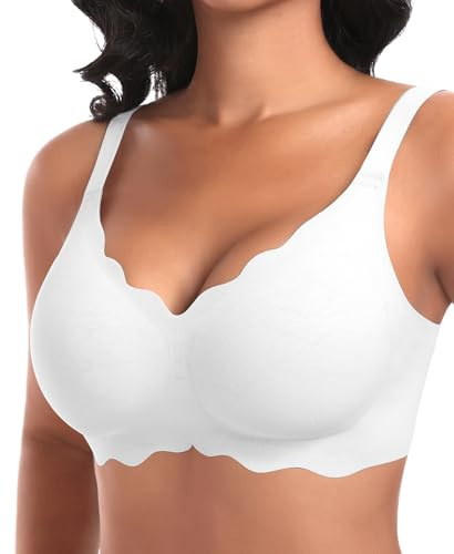 Ganado Jelly Bras for Women Wireless Seamless Bra Non Wired Gel Push Up Support Bras Scalloped Padded T Shirt Full Coverage Bra #1 White-Double Scalloped, Medium