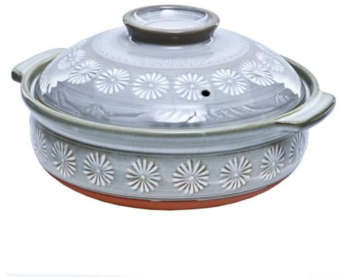 Olla de barro, Cazuela de cerámica for olla caliente, barro redonda con tapa, aislamiento térmico, doble asa, utensilios cocina for sopa guiso azul Whi(33.5cm)