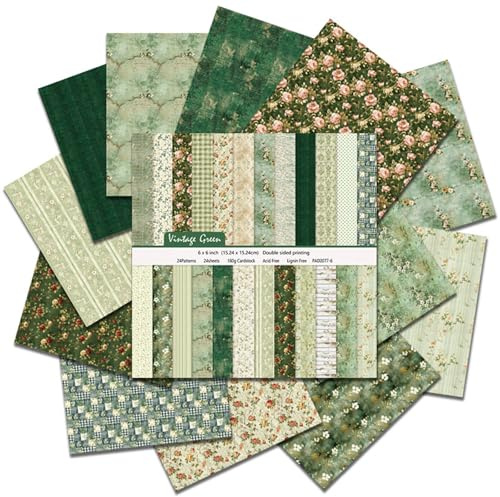 Scrapbook Paper 6x6 Inch, 24 Sheets Double-Sided Patterned Cardstock, 160GSM Floral Craft Paper for Scrapbooking, Card Making, Junk Journal, DIY Art Projects (Green)
