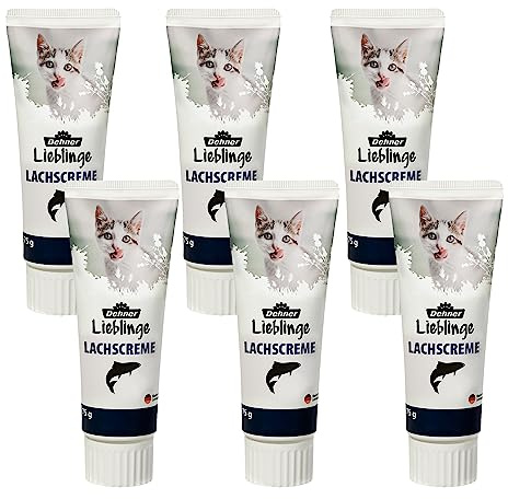 Dehner Lieblinge Katzensnack, Leckerli Creme zuckerfrei, für ausgewachsene Katzen, Lachs, 6 x 75 g (450 g)