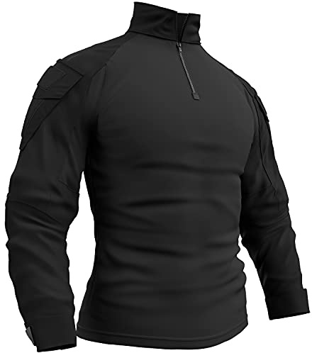 Memoryee Uomo Tattica Militare Camicia Maniche Lunghe Combattimento T-Shirt Camo Slim Fit con Cerniera Tasche 1/4/Black/L
