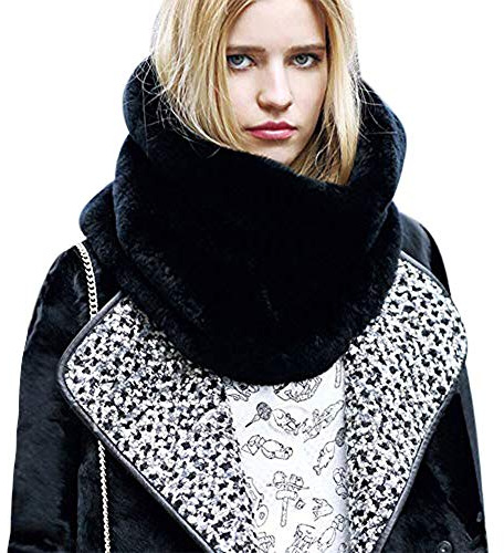 Femmes Écharpe Tube Hiver Automne Foulard Snood Fausse Fourrure Epais Thermique Tour de Cou Tubulaire Luxe Doux Cache-cou Cache-nez Extérieur Anti-vent/froid Cadeau de Noël (Noir)