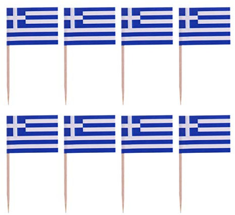 Amosfun 100 Stück Mini Griechenland Flagge Zahnstocher Cupcake Topper Holz Cocktail Spieße Dessert Obst Picks für Bar Restaurant Cocktail Sport Party Dekoration Lieferungen (Griechenland)