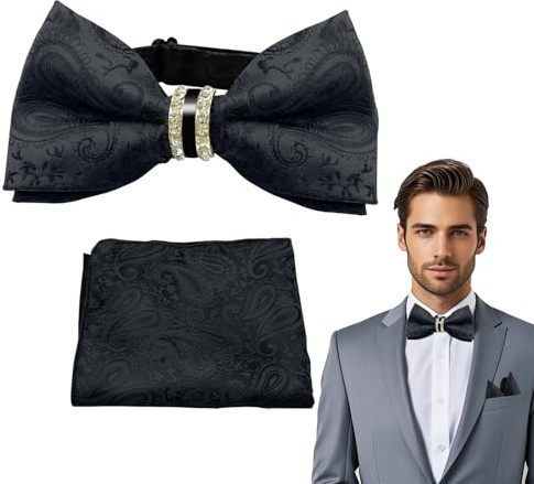 SwirlColor Papillon Uomo Set Cravatta Nera e Fazzoletto da Taschino con Scatola Regalo Motivi Rialzati a Doppio Strato Cravatte con Fiocco Pre-Legato 2 Pezzi