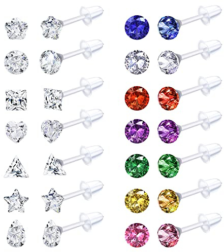 Adramata 14 Pares de Pendientes de Plástico Transparente para Mujer, Pendientes de Tuerca Acrílicos con Diamantes de Imitación, Retenedor de Perforación Transparente para Trabajo deportivo,C