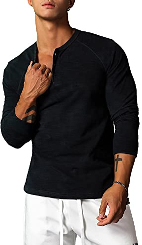 Henley T-Shirts pour Hommes Décontracté à Manches Longues Coupe régulière Douce et Confortable Color Noir Size S