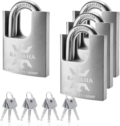 KAWAHA High Security Stainless Steel Padlock 21/60-4PS with Stainless Steel Key for Indoor and Outdoor Use (Robust, Rustproof) (2.36 inches), Identical Keys – Pack of 4