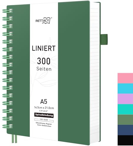RETTACY Notizbuch A5 Liniert, 100g/m² Papier, 300 Seiten - Dunkelgrün