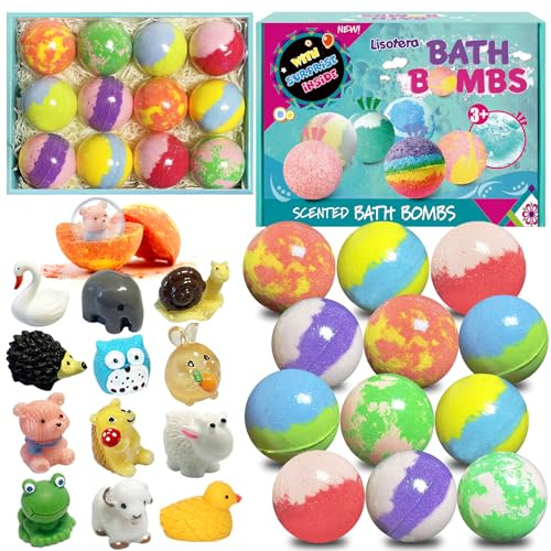 Bath Bombs for Kids with Surprise Inside, 12pcs Bath Bombs with Toys, Organic Colorful Bubble Bath Fizzy Ball, Easter Gifts Set for Kids, Birthday, Easter Basket Stuffers Gift for Boys Girls