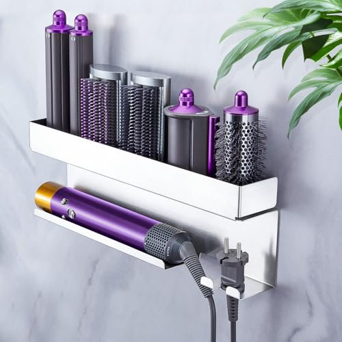 YAYINLI Hair Dryer Holder Wall Mount, Hair Straightener Holder for Curling Irons Styler Accessory, Hairdryer holder, Adhesive Hair Dryer and Straightener Holder, Hair Tool Organiser Storage (Silver)
