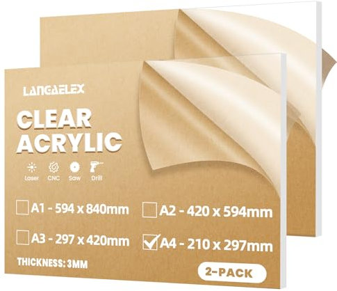 Langaelex 2 pièces Plaque Acrylique Transparente A4 (210 x 297 mm), 3mm Feuille Plastique Transparente pour Gravure Laser, l'affichage des Projets, Remplacement de Verre