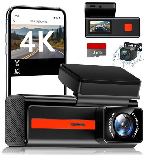 Dashcam Auto Vorne Hinten 4K/1080P mit WiFi, Dual Dash CamAuto Kamera mit 1,47 IPS-Bildschirm, mit 32GB SD Karte, Parküberwachung, Nachtsicht, G-Sensor, Loop-Aufnahme, 170 ° Weitwinkel WDR, Max 256GB