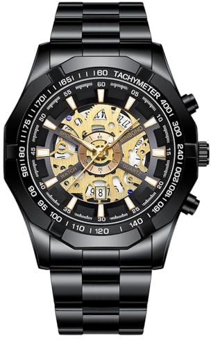 JewelryWe Men's Skeleton Quartz Watch: Black Simulated Mechanica Luminous Hands Analog Stainless Steel Waterproof Tachymeter Bezel Date Function Wristwatch