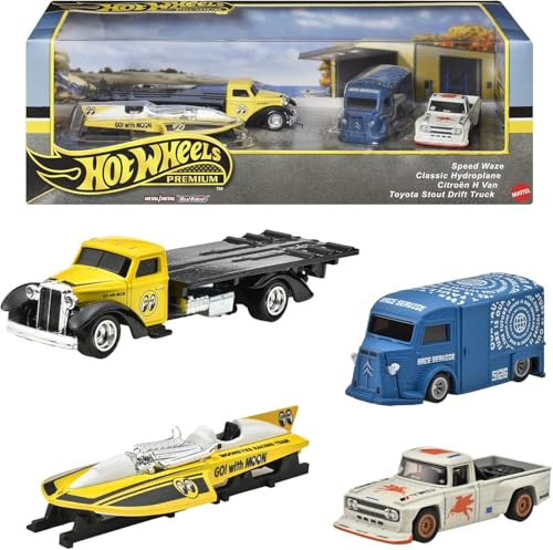 Hot Wheels - Juego de coleccionista premium, 4 vehículos fundidos, Speed Waze, hidroavión clásico, Citroen H Van, Toyota Stout Drift Truck