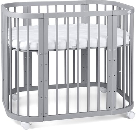 Waldin Babybett 5in1, Beistellbett aus Holz, Matratze, Belüftet, Boden 5-Fach Verstellbar, Grau