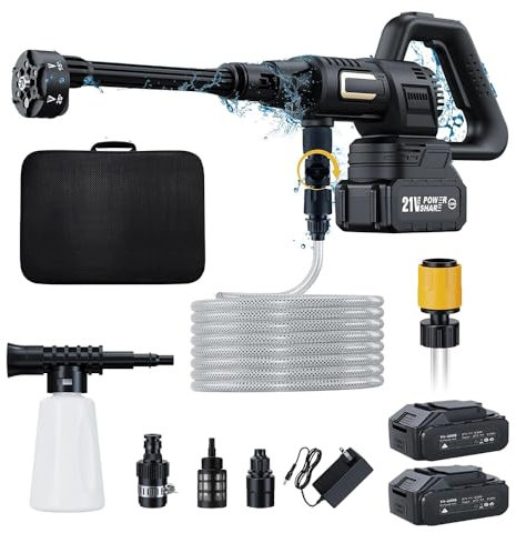 Pulitore ad alta pressione, pistola ad alta pressione senza fili, max 200 bar, idropulitrice ad alta pressione con 2 batterie, ugello multiuso 6 in 1, portatile, con tubo, vaso in schiuma, per pulire