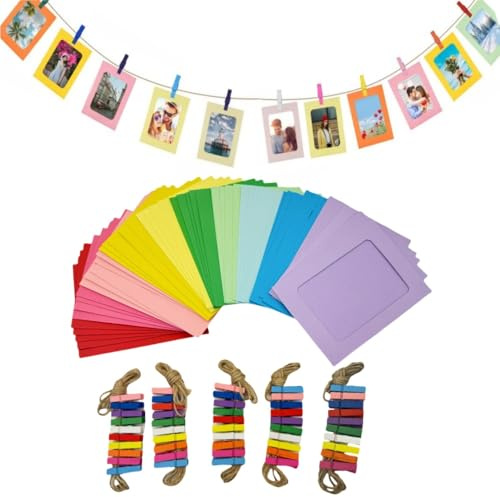 50 Pieces Hanging Picture Frames Kit with Clips and Strings,Paper Picture Frames Bulk ,DIY Clip Photo Holders for Home Office Wall Decor Party Supplies (Multicolor, 5X7)