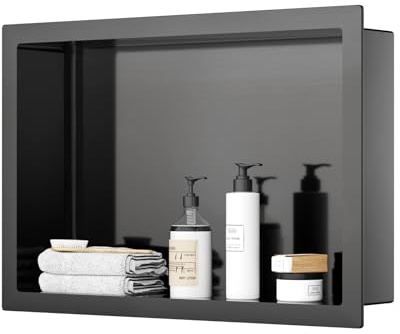 ROVOGO 450x300x100mm Nano Black Stainless Steel Shower Niche, Tile-Free Recessed Wall Niche for Bathroom Storage, Single Shelf Built-in Wall Mount