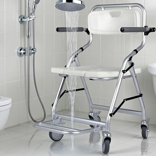Sedia da Doccia con Ruote, Sedia per Doccia per Anziani e Disabili, Sedile da Sgabello Bagno Pieghevole con Ruote Universali, Quattro Ruote con Freni, Braccioli e Schienale, Carico 120 kg