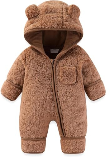 Generisch 2025 Grenouillère pour nouveau-né avec enveloppe, moufles, chaussons, fille et garçon, combinaison d'hiver en polaire, vêtements à capuche, t-shirt pour bébé, marron, 9-12 mois