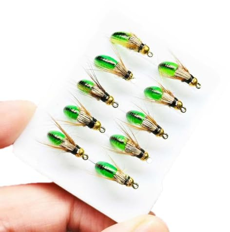 Qitewwrme 10 st våta flugor bete flugor för abborre öring jäka lax mässing huvud kaddis nymf handgjorda fiskar bete konstgjorda insekter fisk lode (grön)