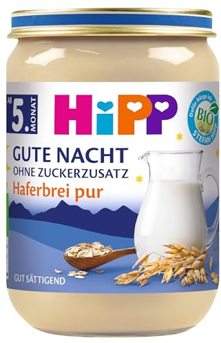 HiPP Bio Milchbrei Gute Nacht Haferbrei pur (6 x 190g), Babybrei ab 5. Monat, Abendbrei ohne Zuckerzusatz, gut sättigend