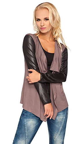 FUTURO FASHION - Damen Cardigan mit Wasserfall-Design - Ärmel in glänzender Leder-Optik - elegant - Viskose - 8079 - Cappuccino - 44 (XXL)