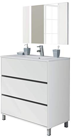 Muebles Pitarch | Set mobile da bagno con lavabo in ceramica e specchio incluso, 3 cassetti, larghezza 80cm, con piedi, Rovere Cambrian, per lavabo incassato, stile Moderno, modello Kalma