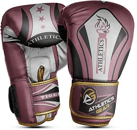 Boxing Gloves by Athletics Gear – 6oz to 16oz Maya Hide Leather Perfect Design and Fit with Fasten Closure System for MMA sparring, fighting, kickboxing, and punching (Pink, 12 OZ)