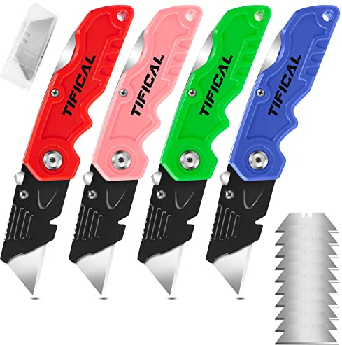 TIFICAL 4 Pack Box Cutter Folding Utility Knife, Extra 10 Blades Included, Quick Change Blades, Lock-Back Design, Box Cutters for Carton, Cardboard, Boxes, Razor Knife Box Opener