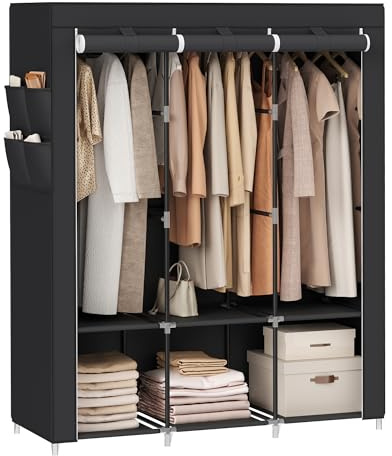 SONGMICS Guardaroba, Armadio Portatile, 3 Barre Appendiabiti, Ripiani, 4 Tasche Laterali, 45 x 130 x 167 cm, Grande Capienza per Camera da Letto, Soggiorno, Nero Inchiostro RYG092B02