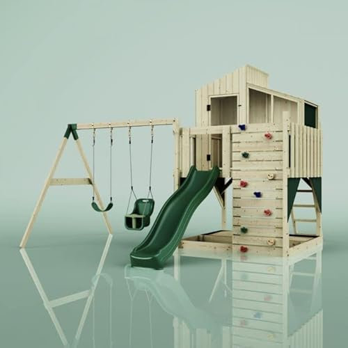 Rebo® PolarPlay Kids Climbing Tower and Playhouse - Swing Jari Green | OutdoorToys | Wooden Climbing Frame and Wendy House with Climbing Wall, Slide and Sandpit