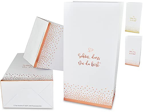 Frau WUNDERVoll® 24 Papiertüten mit Boden, SCHÖN, DASS DU DA BIST, rosegold, 12x7x24cm/ Blockbodenbeutel, Tüte, Papierbeutel, Papiertüte, Geschenktüte, Geschenkbeutel, Gastgeschenk, Hochzeit
