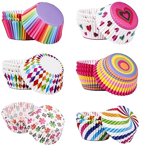 JurciCat 600 Piezas Moldes de Papel para Magdalenas y Cupcakes - 6 Tipos de Patrones Combinados - Mini Tazas para Hornear Muffins - para Fiestas de Cumpleaños, Bodas y Postres