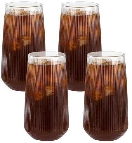 Auauraintt Latte Macchiato Glasses,Cappuccino Kaffeegläser,4 Stück, 500 ml, gerippte Glasbecher,Transparent, Hitzebeständig, für Margaritas, Cocktail, Kaffee, Smoothie, Eis,Capuccino Cups,Säfte