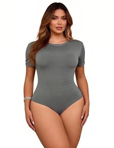 ohyeahlady Plus Size Body Dam Elegant Kurvig Elastisk Bodysuit Kort Ärm Stretch Underkläder Undertröja Bodycon Skjortor Toppar Mjuk Jumpsuit Skjorta Body Stringtrosa, Grå, L