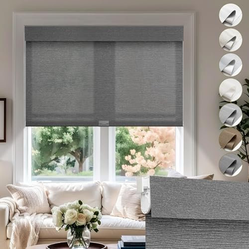 Moonice No Drill No Tools Cordless Roller Blinds for Windows Light Filtering Shades Valance Jacquard Linen Fabric Room darkening shade Privacy Blind for Home Bathroom (Grey,Custom Size)