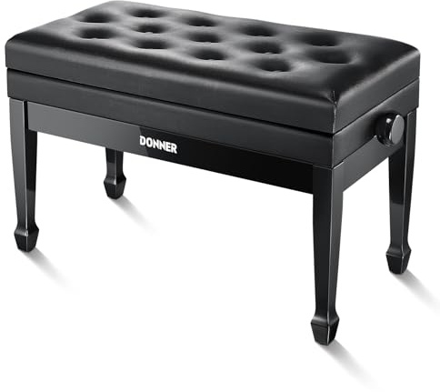 Donner Adjustable Duet Piano Bench with Storage, Solid Wooden Keyboard Bench Piano Bookcase Stool Chair Seat with High-Density Sponges Cushion, Black