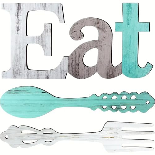 Ltstor s set di decorazioni murali in legno, loghi lettere EAT in legno, forchetta e cucchiaio, decorazioni da parete casa rurale, decorazioni da parete carino cucina e casa (tre colori)