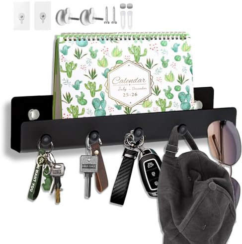 Echehi 5 Hooks Metal Key Holder with Shelf, 3 Way Mounting, Space-Saving Design for Home & Office. Black