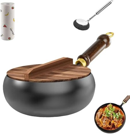 Padella in ferro giapponese da 24 cm/28 cm, con coperchio in legno, padella in ferro non rivestita, pentola in ferro battuto, pentola forgiata a mano con funzione di ritenzione del calore (coperchio