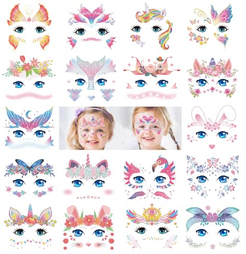 Qpout 18 blad glitter tillfälliga tatueringar för barn, söta djuransikt målning smink tatuering klistermärken för flickor, födelsedagsdekorationer djur, fest, påsar, fyllmedel, gunst leveranser