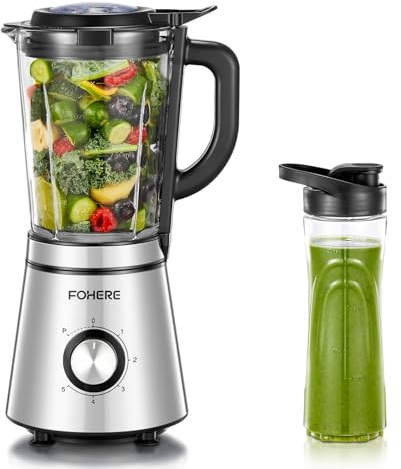 FOHERE Standmixer, 1100W Spitze, 1.5-Liter-Behälter, 5 Geschwindigkeitsstufe + Impulsfunktion, Mixer küche mit Tritan-Kunststoff Flasche 600ml, fu Ice-Crush-Funktion und, rutschfeste Füße