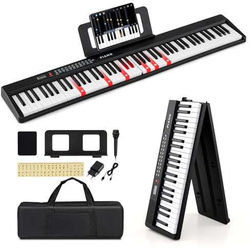 COSTWAY Piano Tangentbord med 88 tangenter, vikbart piano, elektroniskt tangentbord med split-funktion, 3 inlärningslägen och sustain-pedal, digitalt piano bärbart med dubbla högtalare, MP3/USB/MIDI