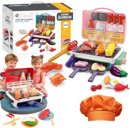 Magic Meals Sensory Kitchen, Kids Grill Playset with Smoke Sound Light & Color-Changing Toppings, Kids BBQ Grill Toy, Interactive BBQ Grills Toy, Gift for Girls and Boys (Pink)