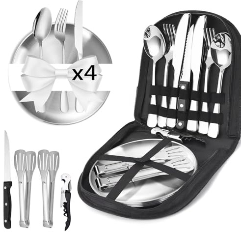 Juego de cubiertos de camping para 4 personas, 21 piezas Platos Camping con Tenedores,Acero Inoxidable Portátil,para Camping,Picnic,Viajes