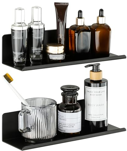 SAYAYO Mensole da Muro Autoadesivo Nero Scaffale Decorativi Mensola Sospesa da Parete Senza Foratura per Cucina Bagno Soggiorno Studio, 30 CM, 2 Pezzi, Rettangolare, Montaggio a Vite o Autoadesivo